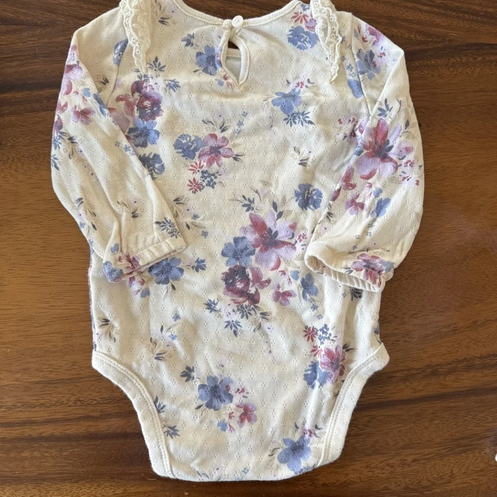 OshKosh B’gosh Cream Blue Purple Floral Lace Long Sleeve Bodysuit 12M